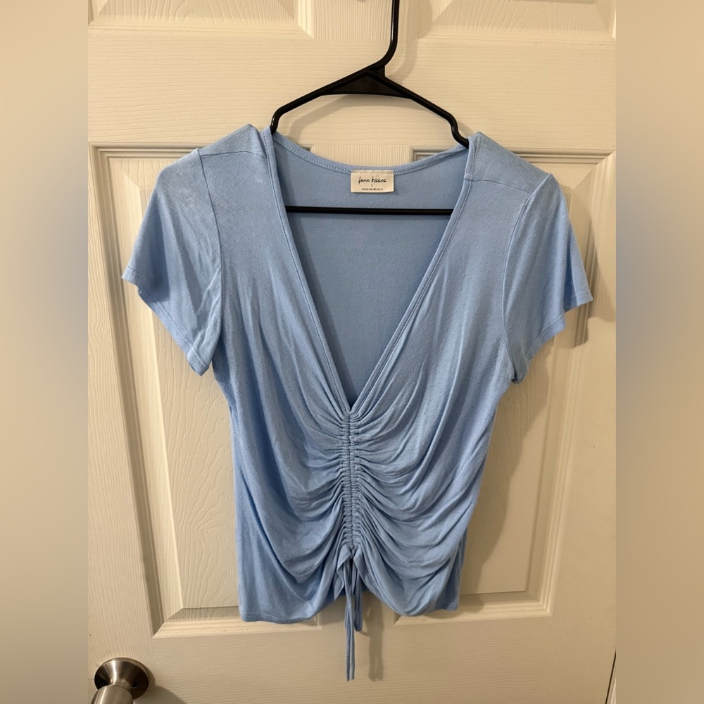 Light Blue Ruched V-Neck Top cropped